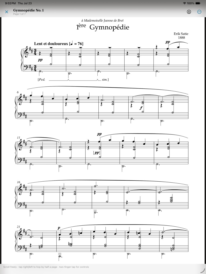 A page of Satie's Gymnopédie No. 1 filling the screen, with a slim title bar above it.